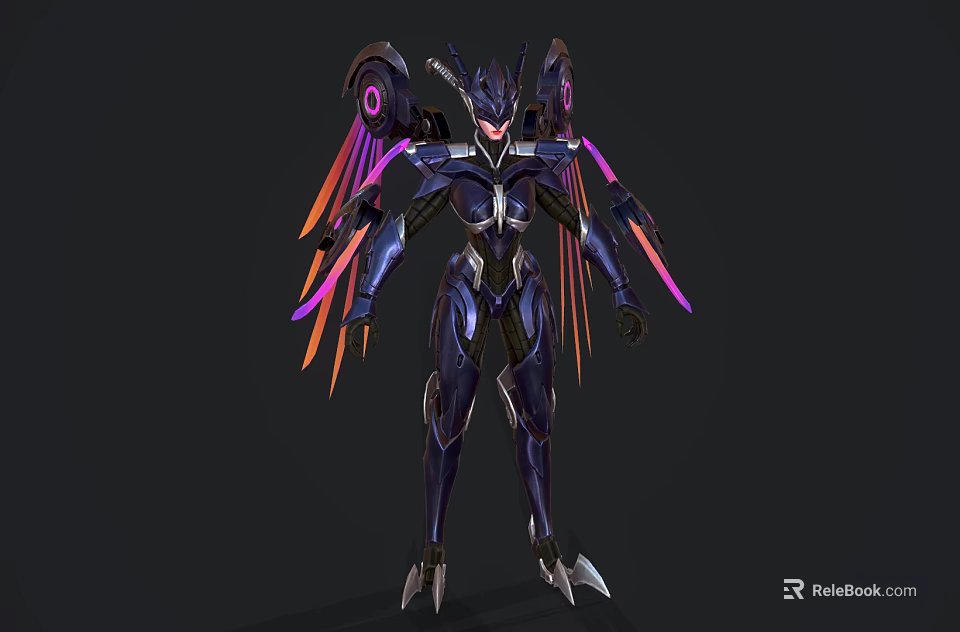 Futuristic Sci Fi Game Movie Character In Purple Blue Armor With Orange Purple Wings 3d model 