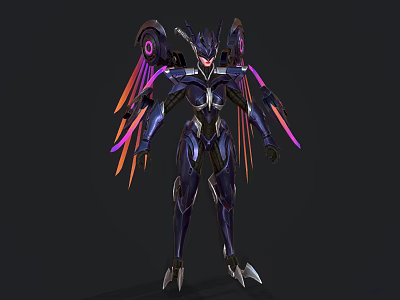 Futuristic Sci Fi Game Movie Character In Purple Blue Armor With Orange Purple Wings 3d model