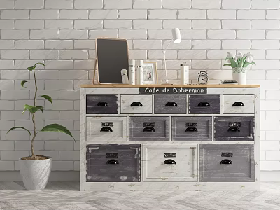 White Gray Entryway Side Cabinet with Drawers Decorative Blackboard Lamp Photo Frame and Potted Plant 3d model