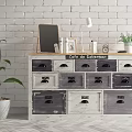 White Gray Entryway Side Cabinet with Drawers Decorative Blackboard Lamp Photo Frame and Potted Plant