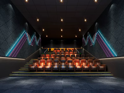 Cinema Interior Design With Comfortable Seats Modern Ceiling Lighting And Colorful Side Decor 3d model