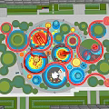 Colorful Playground With Red Slide Umbrella Structures And Circular Patterns Near High-Rise Buildings