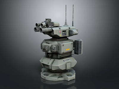 Futuristic Mechanical Turret Structure With Multiple Barrels Antennas And Control Panels 3d model