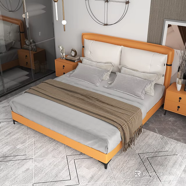 Modern Double Bed With Orange Headboard Gray Mattress And Side Tables 3d model
