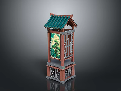 Chinese Traditional Architectural Structure with Green Roof Decorative Painting Panel and Lattice Design 3d model