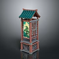 Chinese Traditional Architectural Structure with Green Roof Decorative Painting Panel and Lattice Design