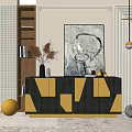 Stylish Entryway Console Table Geometric Pattern Design With Art Painting Vase And Lighting Decor 3d model