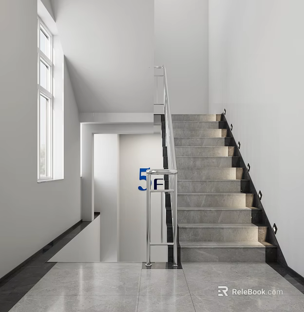 Modern Staircase With Gray Steps Metal Railing 5F Sign White Walls And Natural Light 3d model 