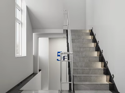 Modern Staircase With Gray Steps Metal Railing 5F Sign White Walls And Natural Light 3d model