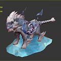 Blue And White Mythical Ice Beast Game Movie Character With Decorative Blue Tails And Ice Base