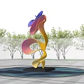 Modern Colorful Curved Metallic Sculpture In Outdoor Space With Reflective Ground And Trees