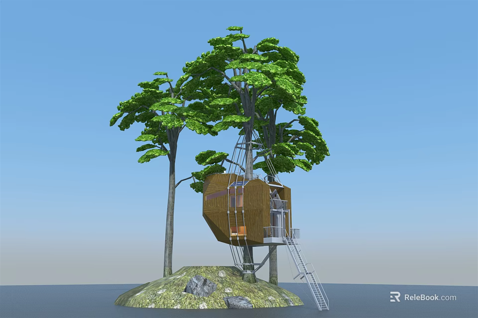 Cozy Wooden Treehouse Built Between Two Trees With Ladder Small Hillock And Blue Sky 3d model 