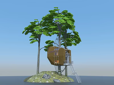 Cozy Wooden Treehouse Built Between Two Trees With Ladder Small Hillock And Blue Sky 3d model
