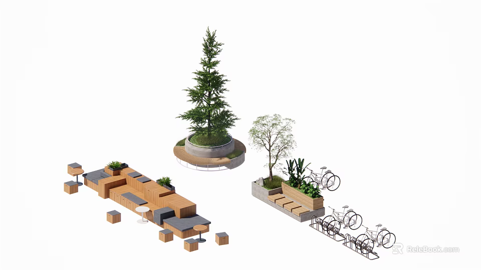Modular Wooden Landscape Seating With Trees Plants And Bicycle Rack Design 3d model