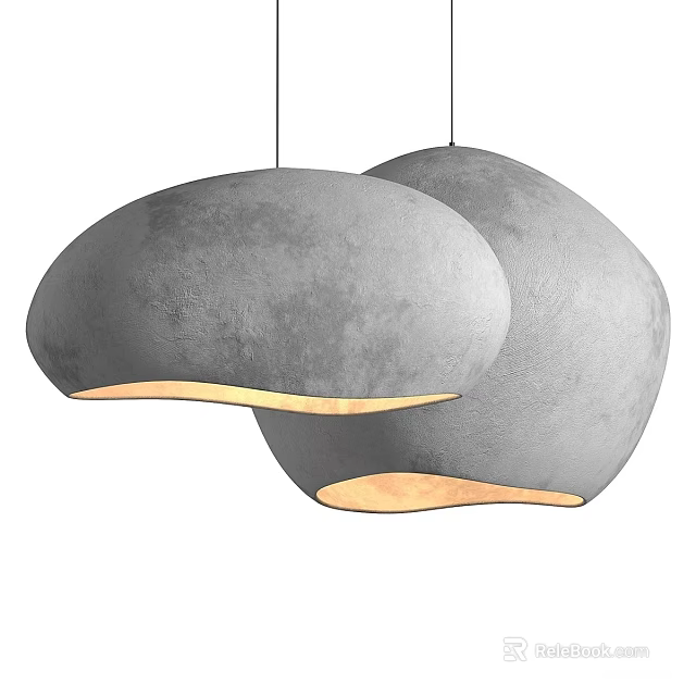 Two Modern Gray Textured Pendant Lights With Rounded Shape And Warm Glow 3d model 