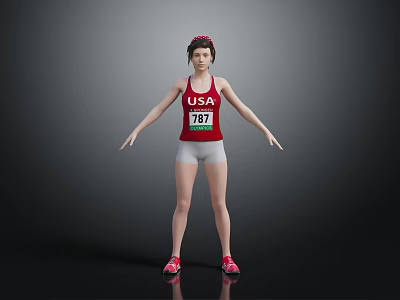 Woman Wearing Red Vest USA 751 White Shorts Red Shoes And Red Helmet Dark Background 3d model