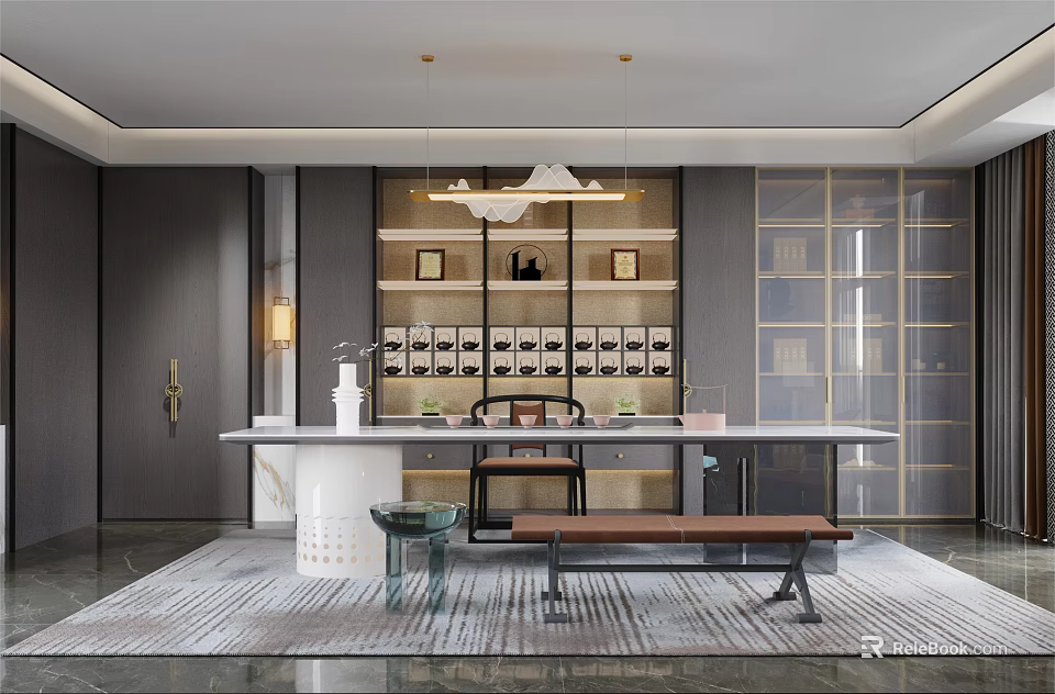 Modern Tea Room Interior With Long Table And Seating 3d model