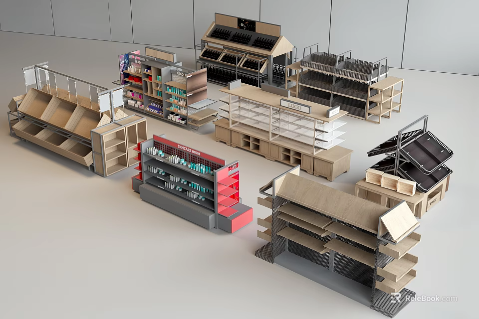 Retail Display Shelves With Various Designs And Multiple Layers For Stores 3d model 