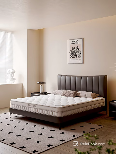 Modern Double Bed With White Mattress Black Leather Headboard Pillows And Window Blinds In Bedroom 3d model 