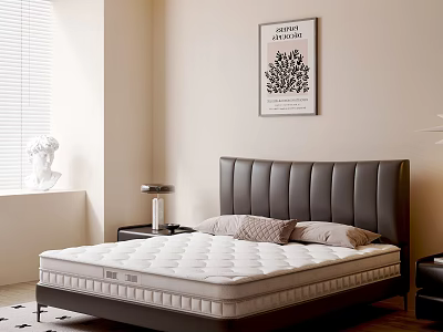 Modern Double Bed With White Mattress Black Leather Headboard Pillows And Window Blinds In Bedroom 3d model