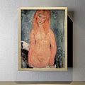 Framed Woman Portrait Painting with Curly Brown Hair Dark Dress and Light Blue Background