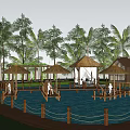 Scenic Waterfront Landscape With Thatched Pavilions Wooden Boardwalk And Palm Trees