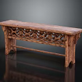 Traditional Wooden Public Bench With Intricate Carved Patterns Long Structure For Outdoor Use