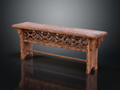 Traditional Wooden Public Bench With Intricate Carved Patterns Long Structure For Outdoor Use 3d model