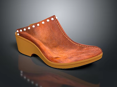 Brown Leather Mules With Wedge Heel And White Studs Design 3d model