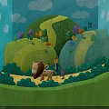 Scenic Green Hills With Yellow Path Lion And Trees Under Blue Sky With Clouds