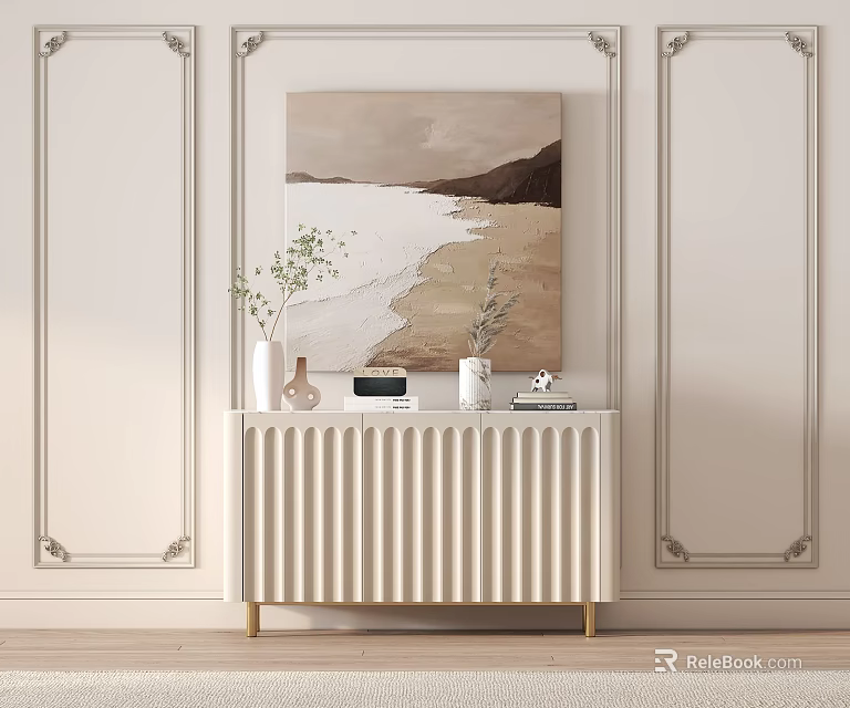 White Ribbed Entryway Console Cabinet With Gold Legs Vase Greenery And Wall Art 3d model 