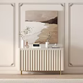 White Ribbed Entryway Console Cabinet With Gold Legs Vase Greenery And Wall Art