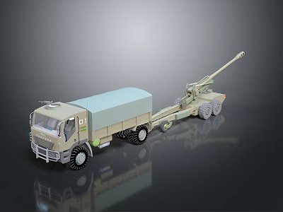 Khaki Military Truck Towing Artillery Cannon On Heavy Duty Trailer With Wheels 3d model