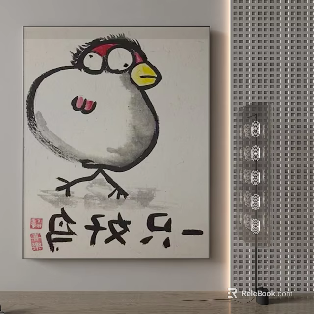Cartoon Bird Illustration With Traditional Chinese Calligraphy And Red Seal On Wall 3d model 