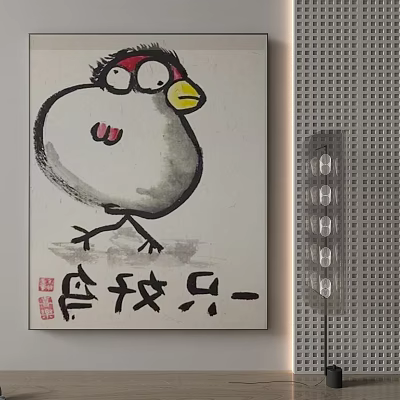 Cartoon Bird Illustration With Traditional Chinese Calligraphy And Red Seal On Wall 3d model