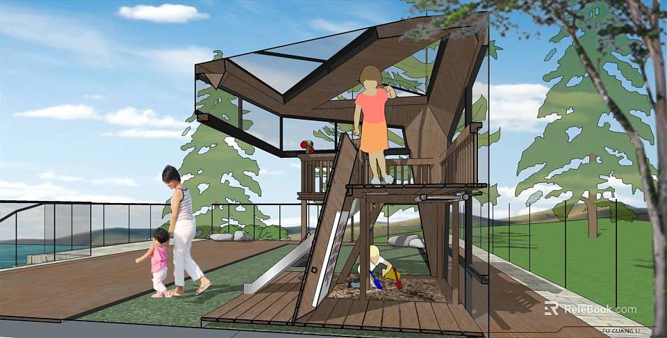 Outdoor Children's Play Area With Wooden Structure Slide And Platform For Kids 3d model 