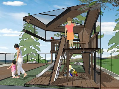 Outdoor Children's Play Area With Wooden Structure Slide And Platform For Kids 3d model