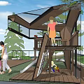 Outdoor Children's Play Area With Wooden Structure Slide And Platform For Kids