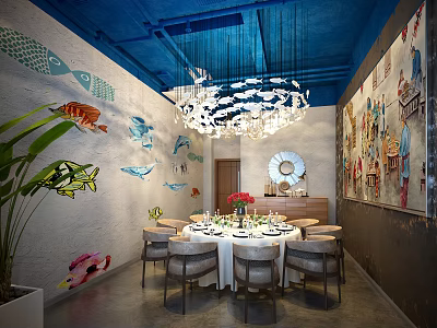 Private Dining Room Featuring Blue Ceiling Fish Decorations Chandelier And Round Table 3d model