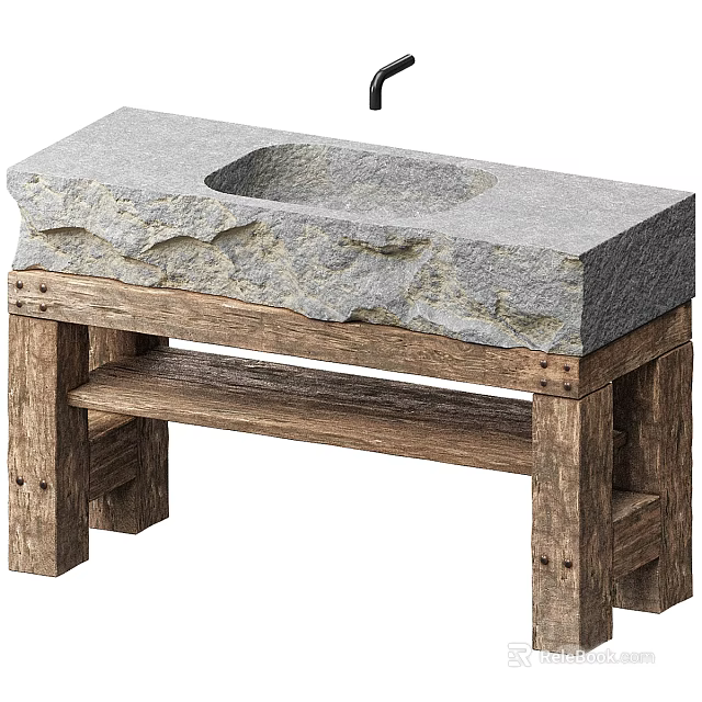 Rustic Stone Washbasin with Natural Texture Countertop and Solid Wooden Stand 3d model 