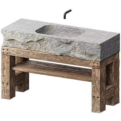 Rustic Stone Washbasin with Natural Texture Countertop and Solid Wooden Stand 3d model