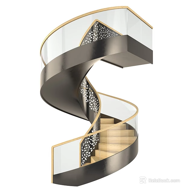 Modern Spiral Staircase Design With Metal Frame Glass Railing Wooden Steps And Laser Cut Panels 3d model 