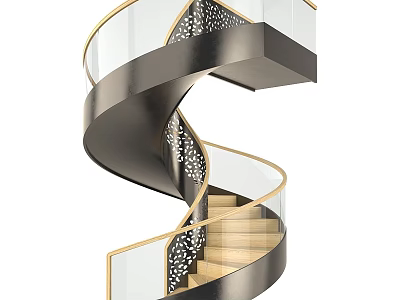 Modern Spiral Staircase Design With Metal Frame Glass Railing Wooden Steps And Laser Cut Panels 3d model