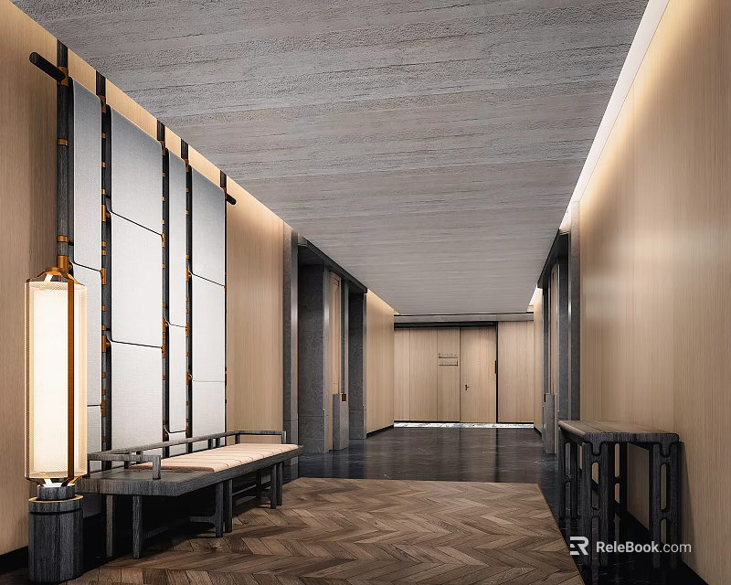 Modern Elevator Corridor With Wooden Walls Bench Floor Lamp And Herringbone Floor 3d model 