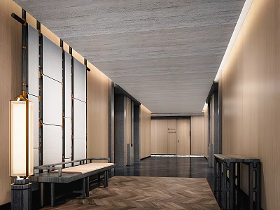 Modern Elevator Corridor With Wooden Walls Bench Floor Lamp And Herringbone Floor 3d model