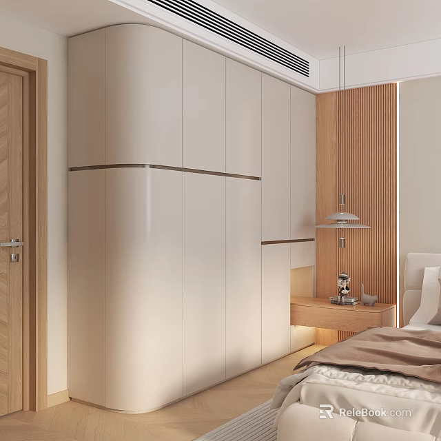 Modern Bedroom Built in Wardrobe Design With Sleek Panels Metal Trim And Nightstand Lighting 3d model 