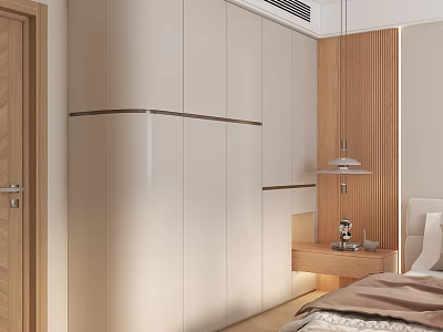 Modern Bedroom Built in Wardrobe Design With Sleek Panels Metal Trim And Nightstand Lighting 3d model