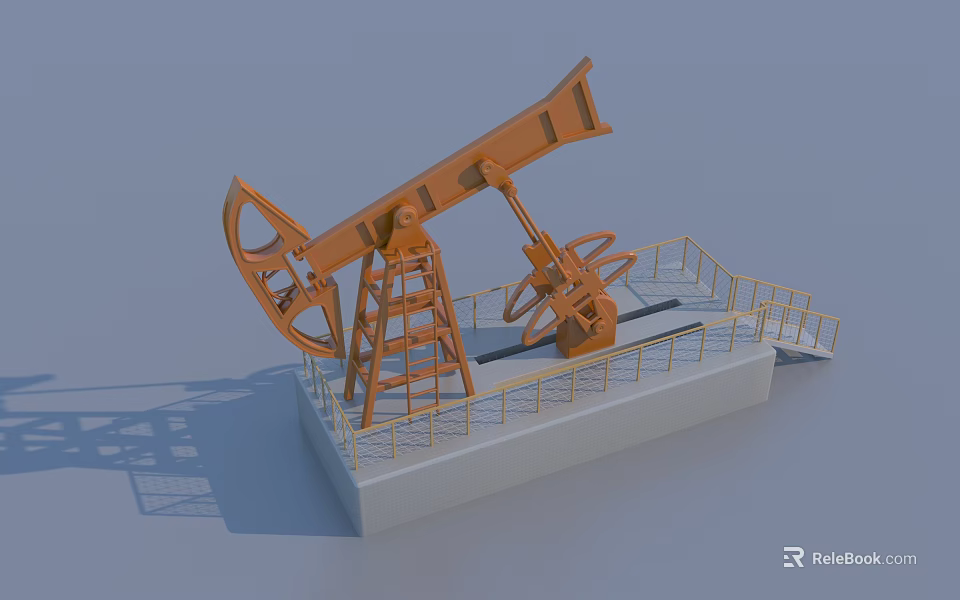 Orange Industrial Oil Pump Jack with Metal Structure and Safety Guardrail 3d model 