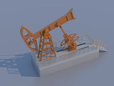 Orange Industrial Oil Pump Jack with Metal Structure and Safety Guardrail 3d model