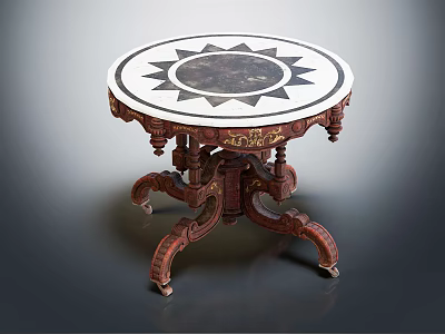 Vintage Side Table With Round Marble Top Sunburst Pattern And Carved Wooden Legs 3d model